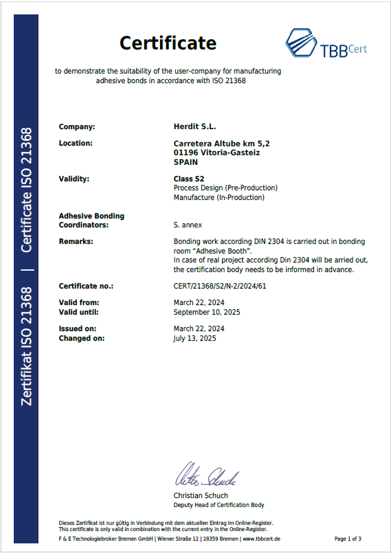 Certificación EN ISO 21368 S2 para uniones adhesivas estructurales